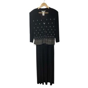 Nina Piccalino Black Beaded Maxi Dress Jacket Set Womens 12 USA Boho Evening VTG